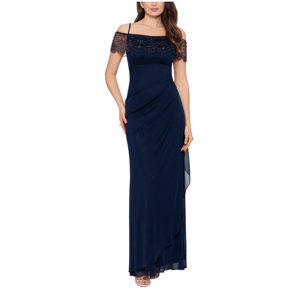 XSCAPE Blue Evening Gown Off the Shoulder Beaded Chiffon Column Dress Size 14